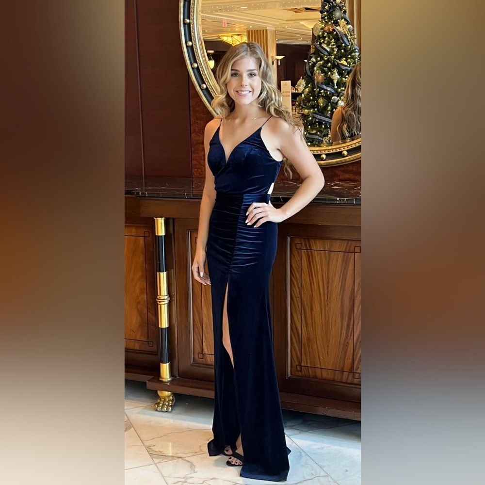 Formal navy blue velvet dress